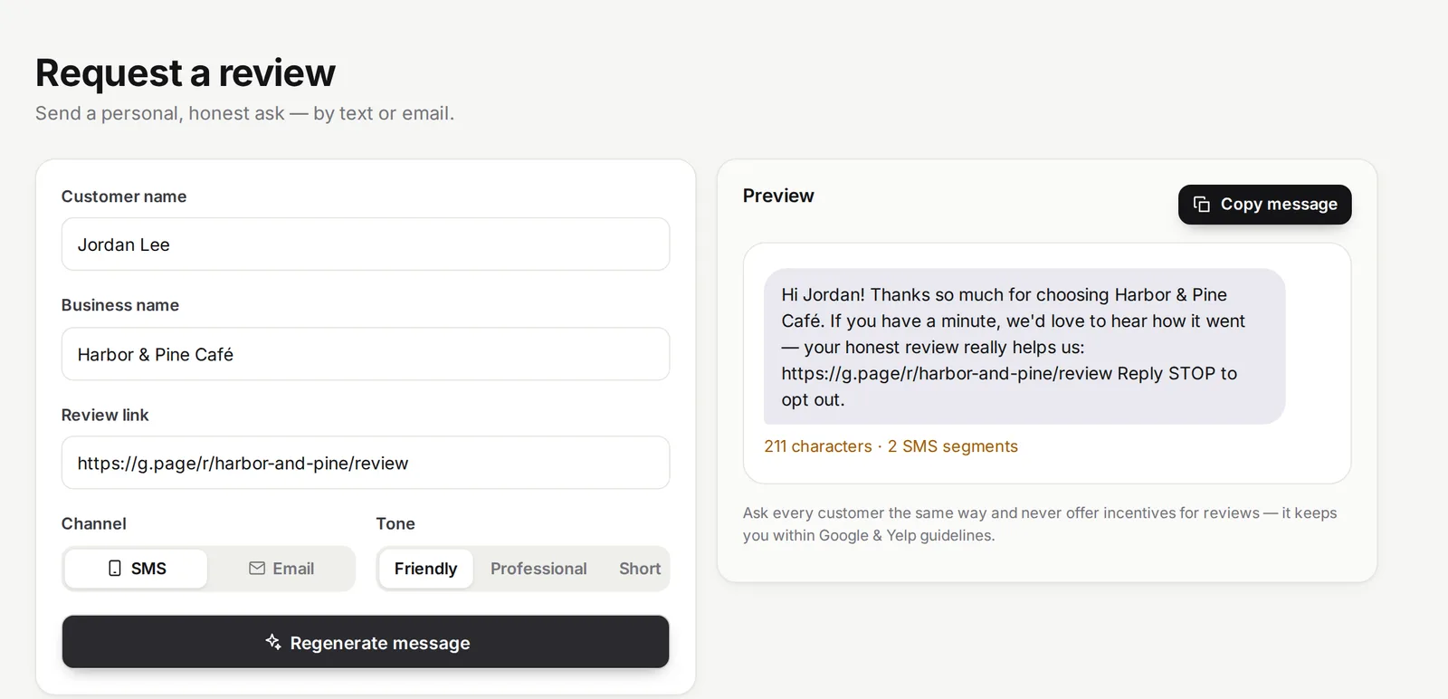 Request a review screen with customer name, business name and review link fields, SMS or Email channel, tone options, and a preview of a personalized SMS message with opt-out text